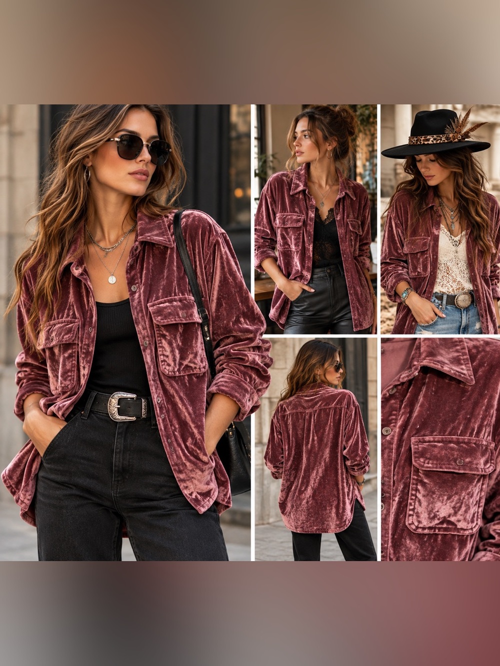 Velvet Overshirt Shacket in Rose Mauve - Women Jackets & Coats